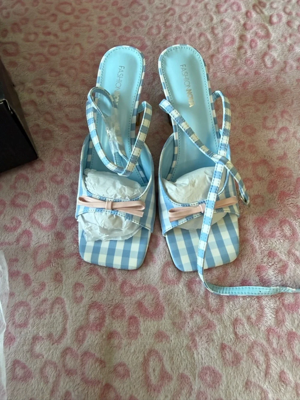 Fashion Nova Blue Gingham Bow Strap Mules - Picture 2 of 7